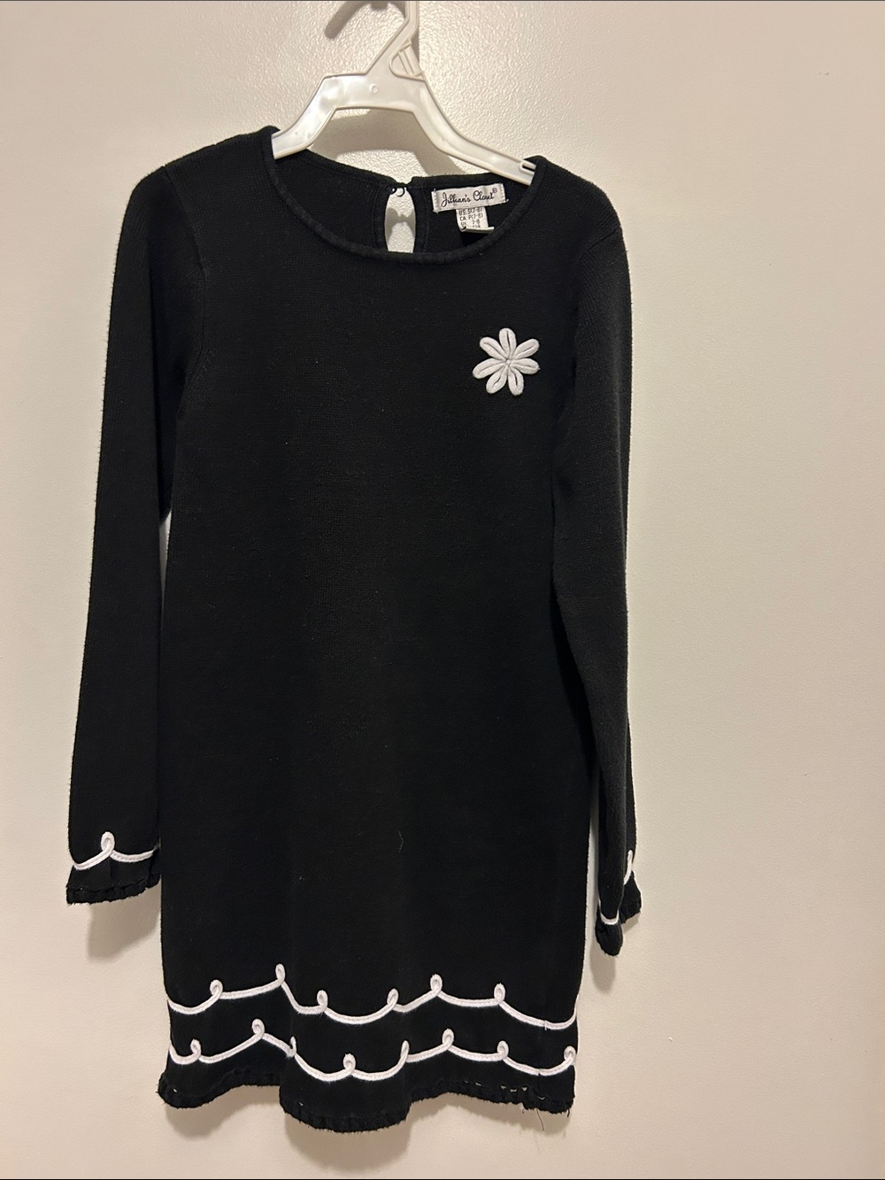 Black Knit Crewneck Dress with White Trim and Daisy Accent